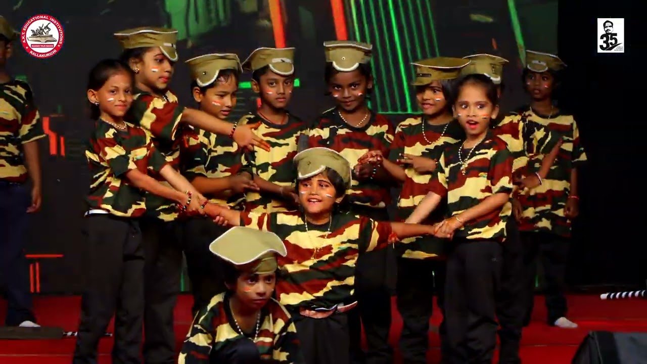 Children performing in army costumes